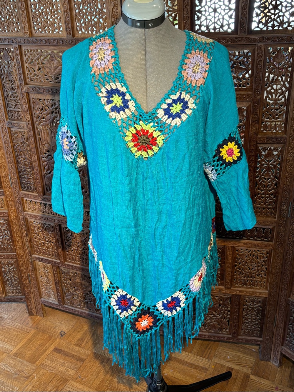 Turquoise Crochet-Trim Boho Tunic Top